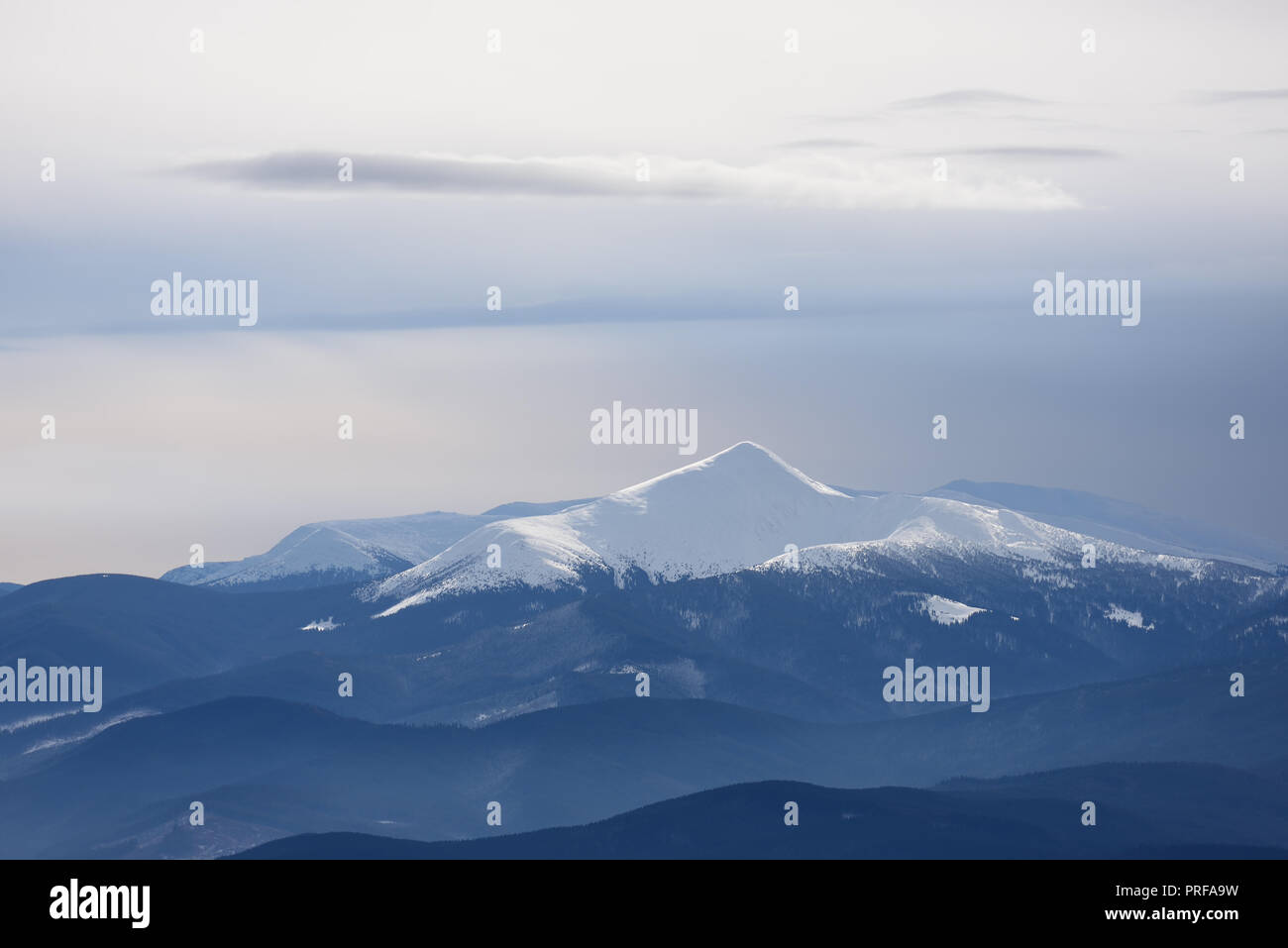 El pico de la montaña en la nieve. Paisaje invernal un día nublado. Monte Goverla, los Cárpatos, Ucrania Foto de stock