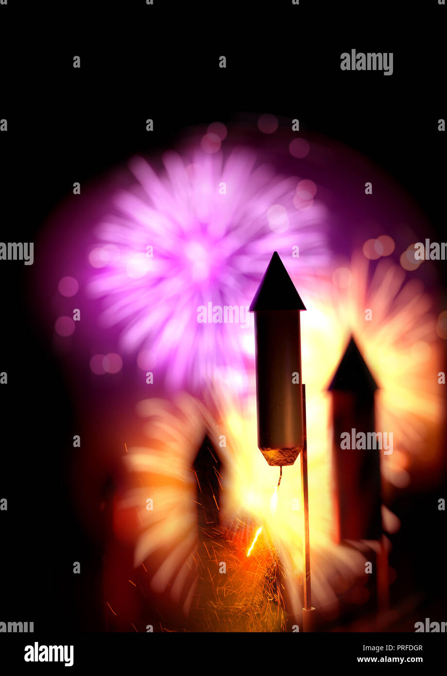 Cerrar imagen de cohetes con fuegos artificiales encendidos los fusibles y una pantalla grande en el fondo. Hoguera fondo nocturno - 3D ilustración. Foto de stock