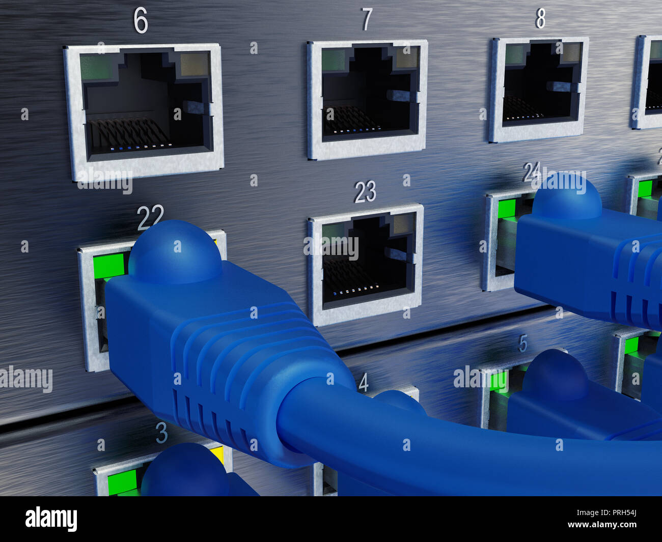 Panel de servidor de red, interruptor y cable de conexi n en el centro de datos, 3D rendering Foto de stock