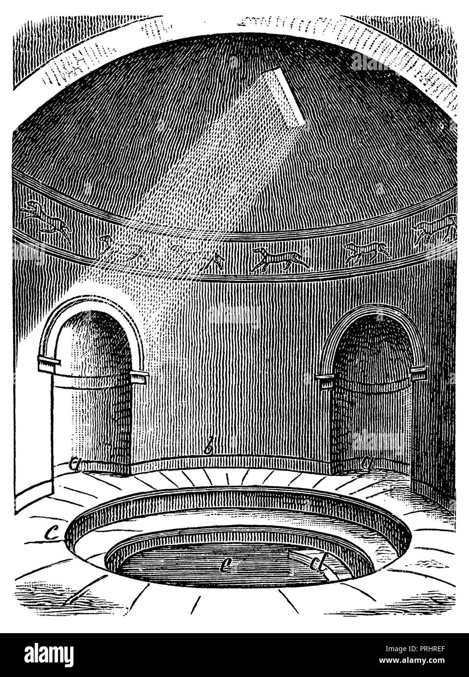 Roman frigidarium. a) Nie (scholae), b) el espacio interior (alveum pasos),  d), e) alrededor de la cuenca (natatio piscina Fotografía de stock - Alamy