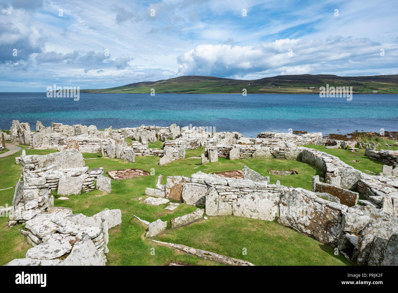 Ruinas de asentamiento de la Edad de Hierro, Broch de Gurness, Tingwall, Islas Orkney, Escocia, Reino Unido Foto de stock