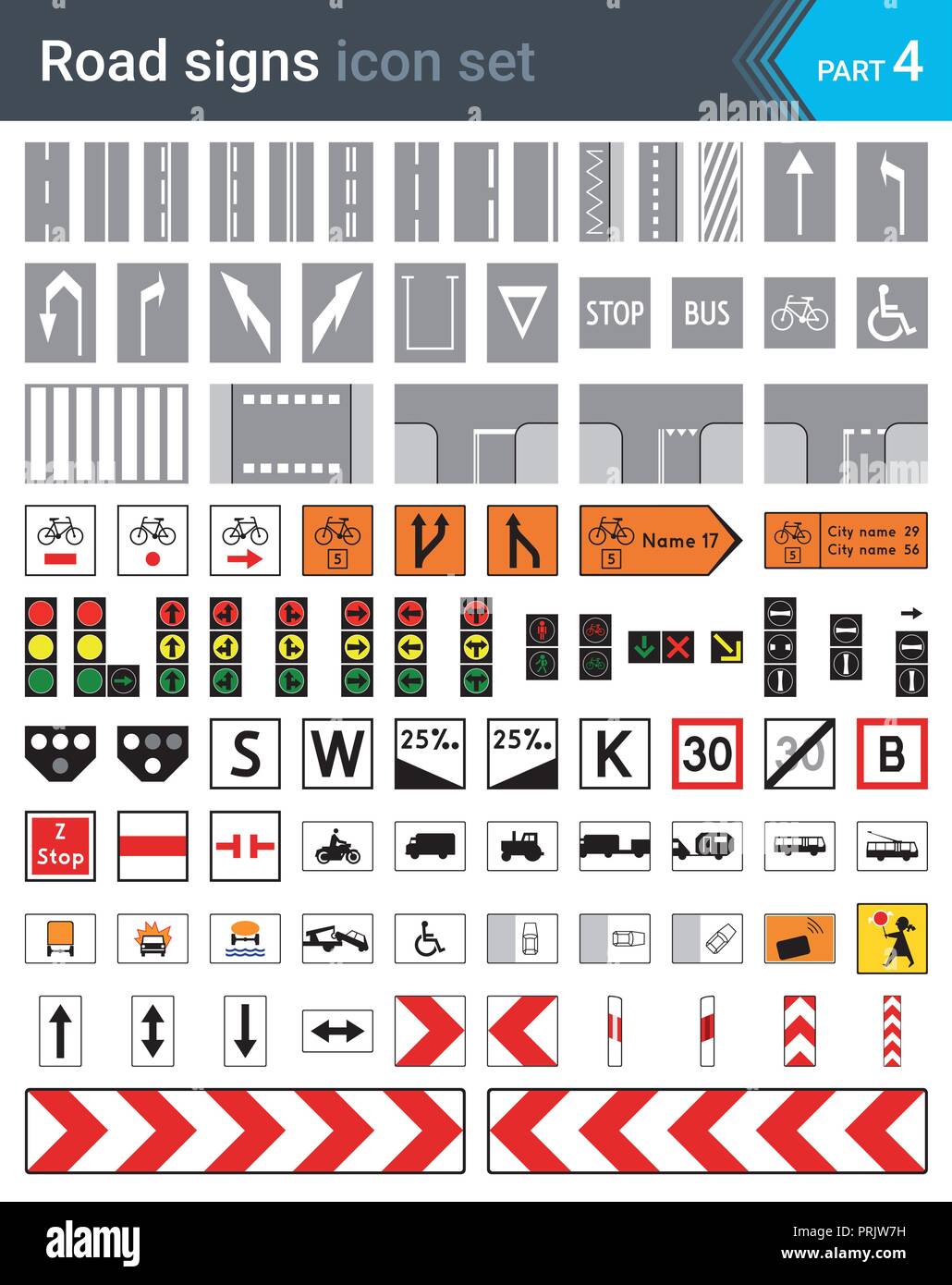 Las señales de la carretera aislado sobre fondo blanco. Las marcas viales cycleway signos, señales, signos, señales de tráfico y placas complementarias signos de tranvía. Alta calidad Ilustración del Vector