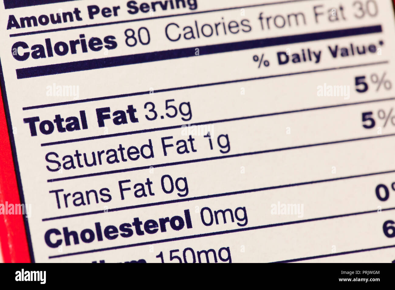 Informaciones de grasa (grasa total, grasa saturada, la grasa trans) en la etiqueta de datos de nutrición - EE.UU. Foto de stock