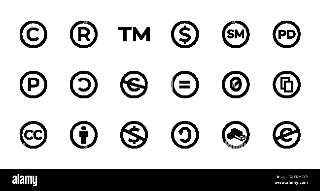 Signo de copyright y licencia con marca, creative commons, dominio público y otros iconos. Ilustración del Vector