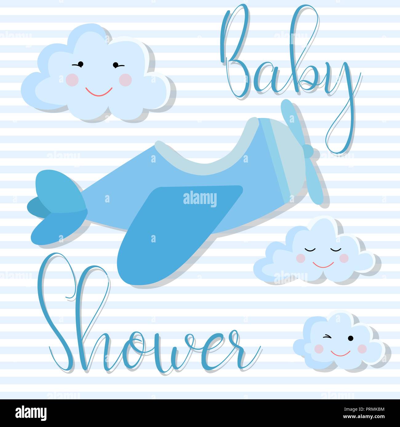 Imagen vectorial de una tarjeta de invitación para una fiesta de niños.  Ilustración para baby shower boy sobre fondo rayado azul con avión, nubes y  inscr Imagen Vector de stock - Alamy