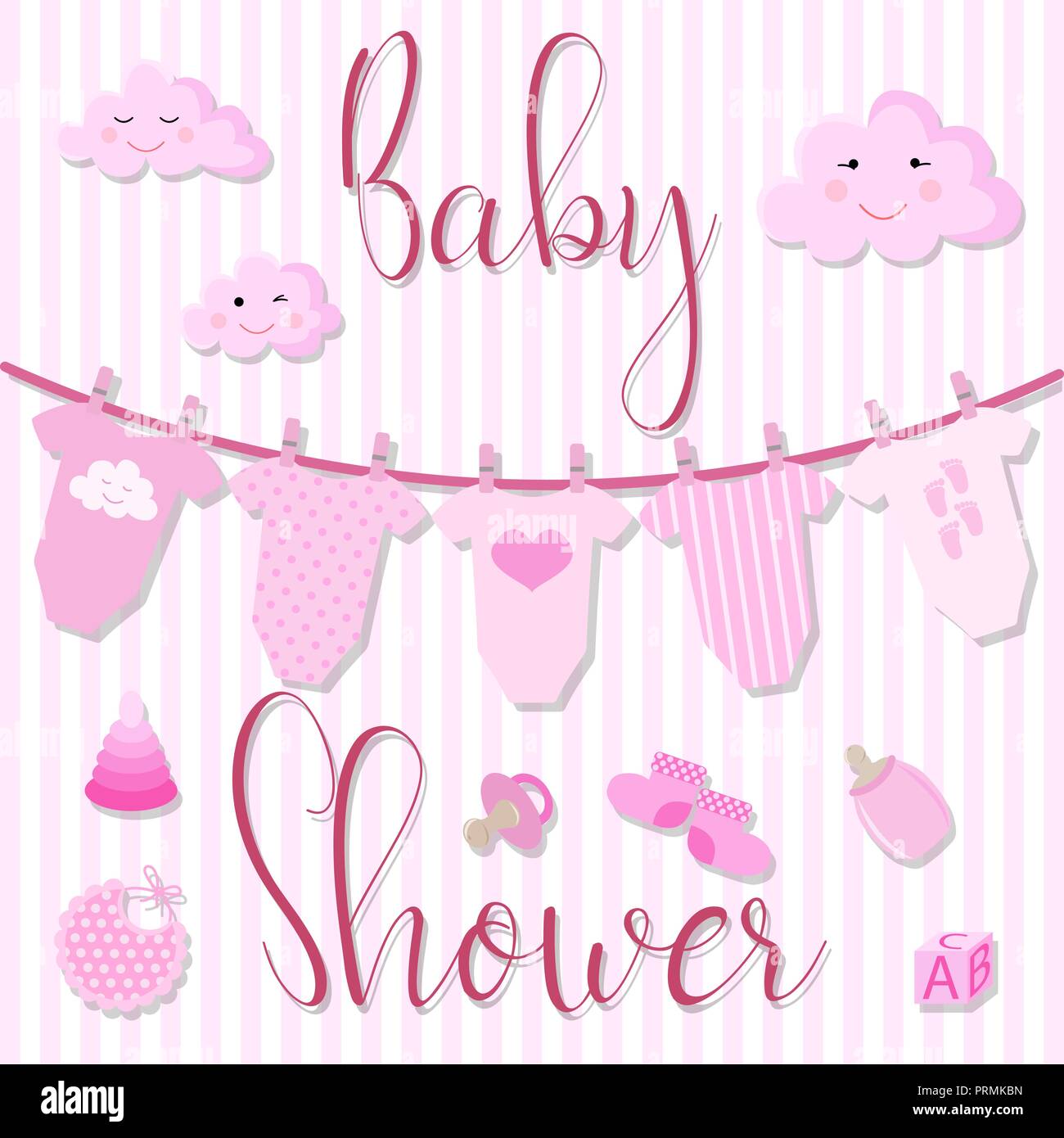 Imagen vectorial de una tarjeta de invitación para una fiesta de niños. Baby  shower ilustración de una niña en una rosa de fondo rayado con  deslizadores, nubes, juguetes Imagen Vector de stock -