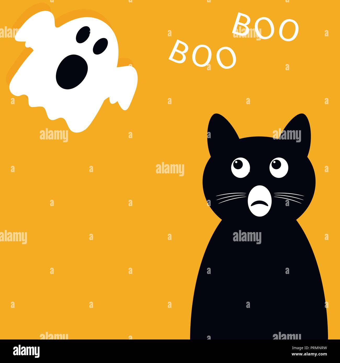 Feliz Halloween fondo. Gato negro mirando al fantasma. Personaje de dibujos animados. Ilustración del Vector