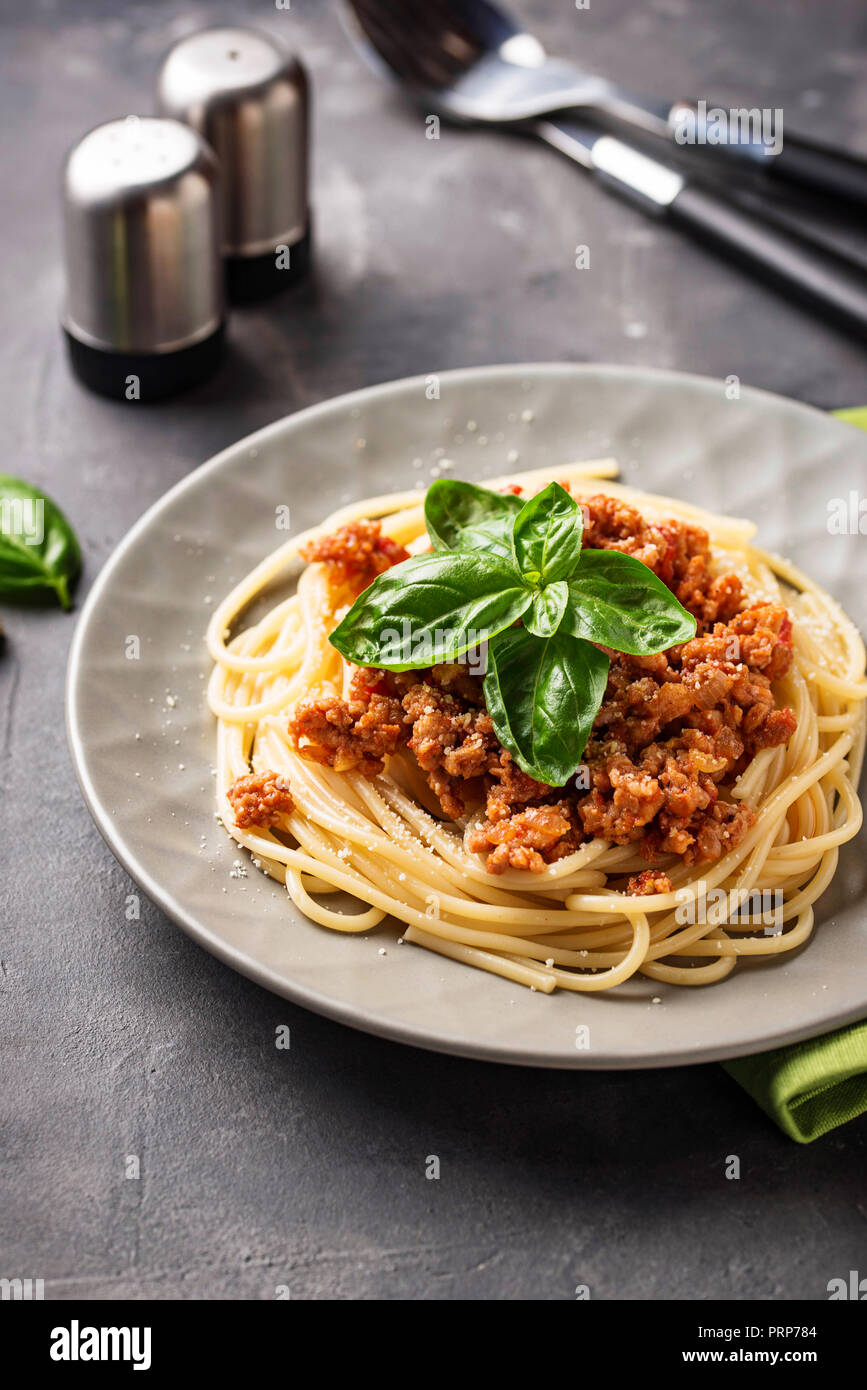 Pasta a la boloñesa. Espaguetis con salsa de carne Foto de stock