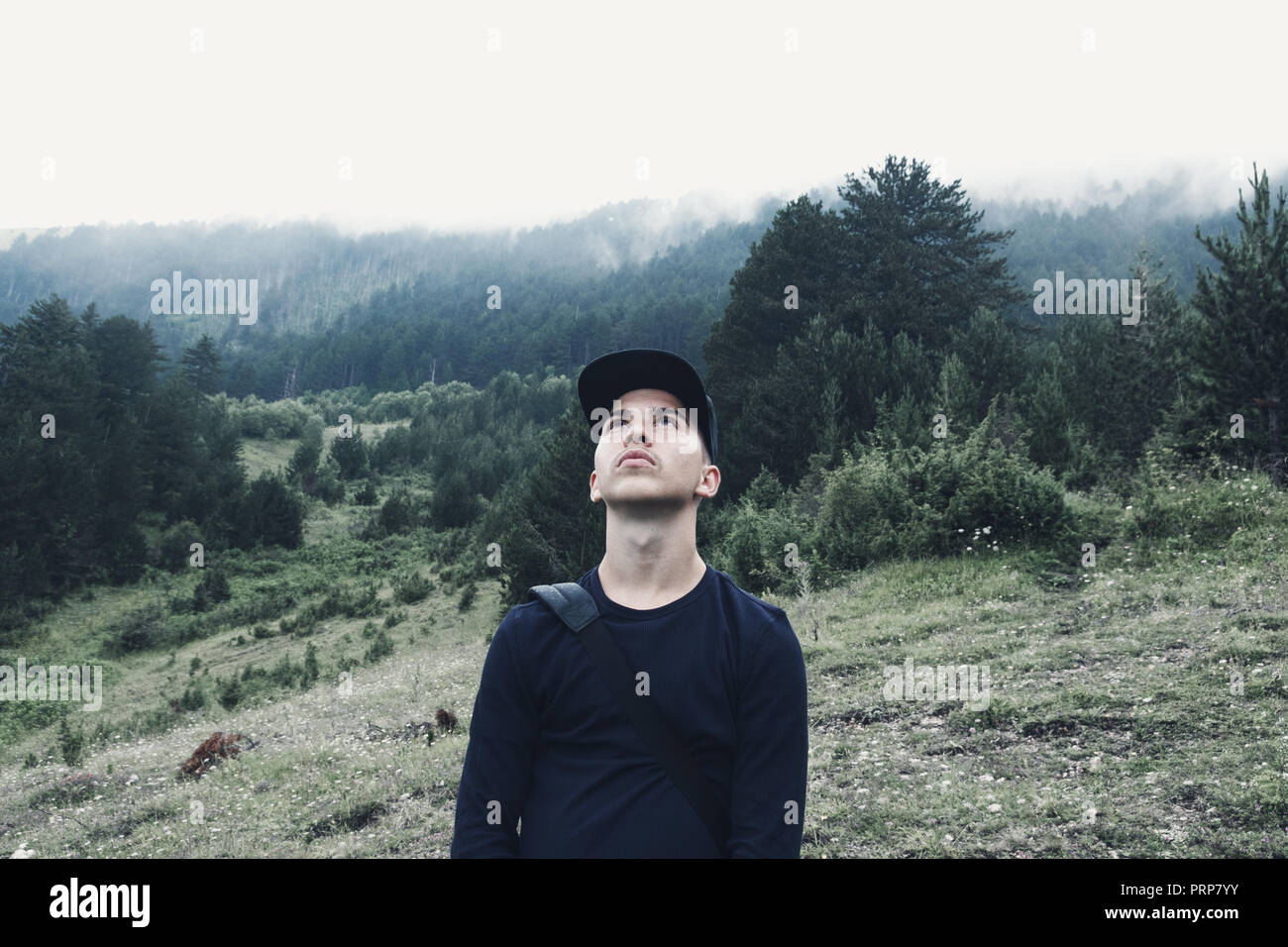 Excursionista joven mirando al cielo en frente de bosque y niebla Foto de stock