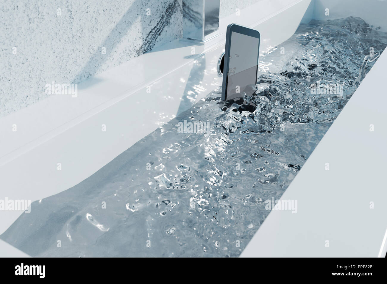 3D rendering de smartphone negro caer en el lavabo y el agua cristalina Foto de stock