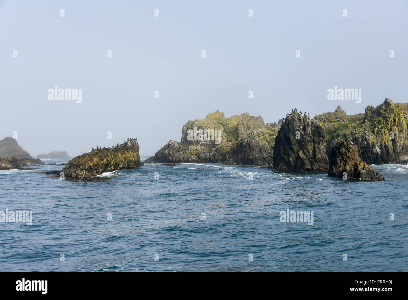 Patrimonio Natural de la Humanidad Islotes de Puñihuil, extrañas formaciones rocosas, Bird Rock, Bahia Puñihuil, Isla de Chiloé, Chile Foto de stock