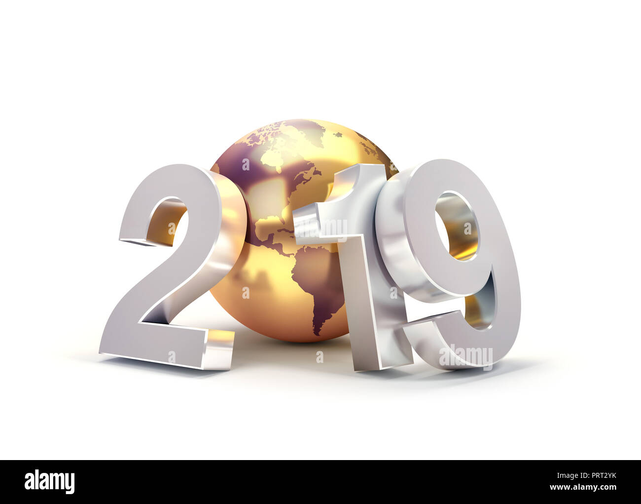 2019 Año Nuevo número compuesto con un planeta tierra dorada, se centró en los Estados Unidos, aislado en blanco - Ilustración 3D Foto de stock