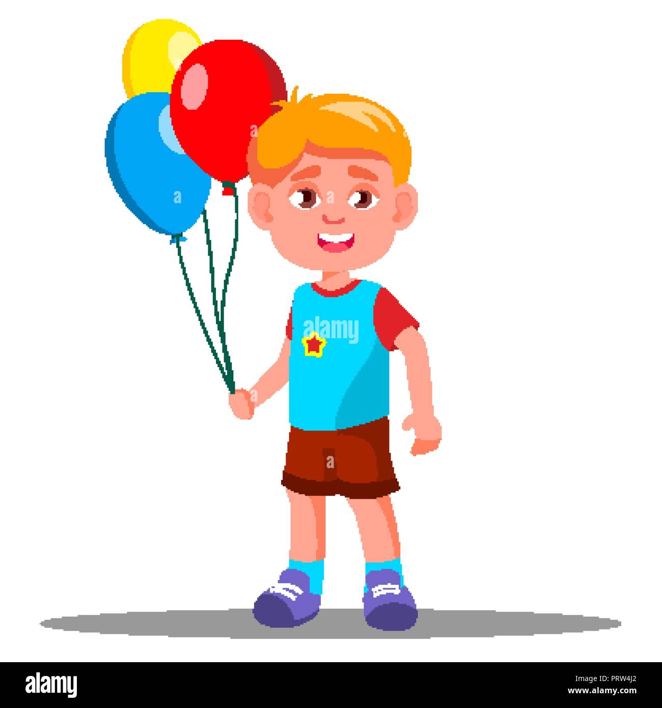 Niño feliz con globos de colores en manos de Vector. Ilustración aislada  Imagen Vector de stock - Alamy