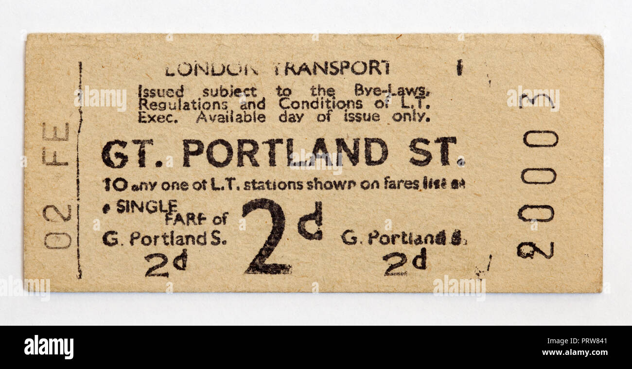 Vintage 1950 Londres - billete de metro de Great Portland Street Station Foto de stock