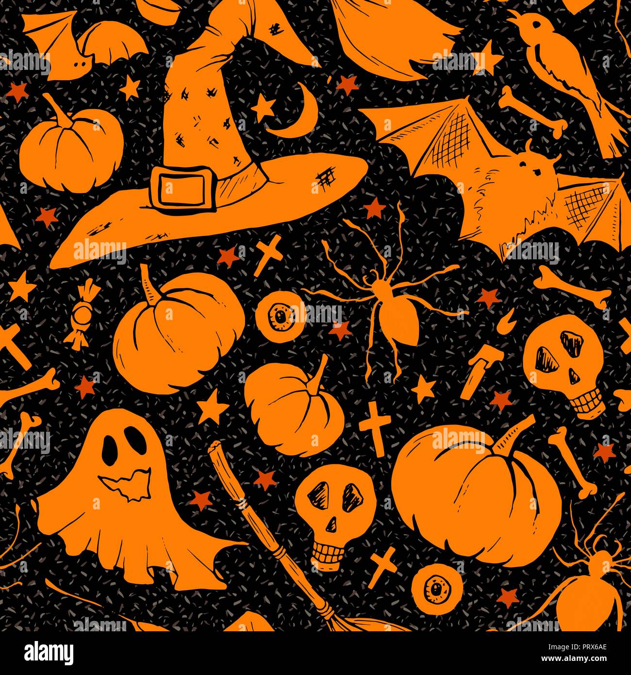 Patrón de Halloween naranja con champiñones, con sombrero, bat, calabaza y  velas, los huesos y la escoba. Listo para imprimir en tela diseño textil  Imagen Vector de stock - Alamy