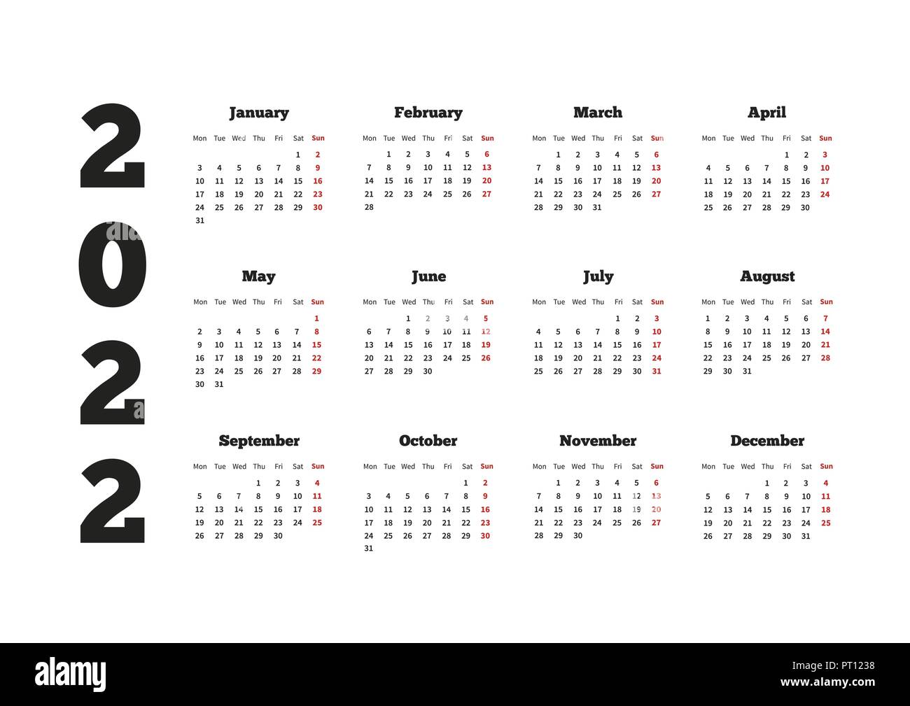 en voz alta Encogerse de hombros Tacón Calendario del año 2022 con la semana a partir del lunes, A4 hoja  horizontal Imagen Vector de stock - Alamy