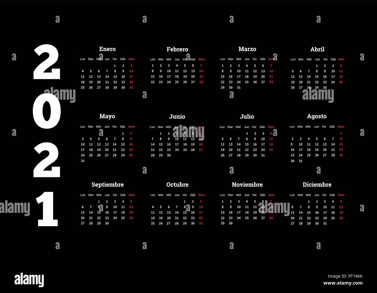 2021 año calendario simple en español sobre negro Imagen