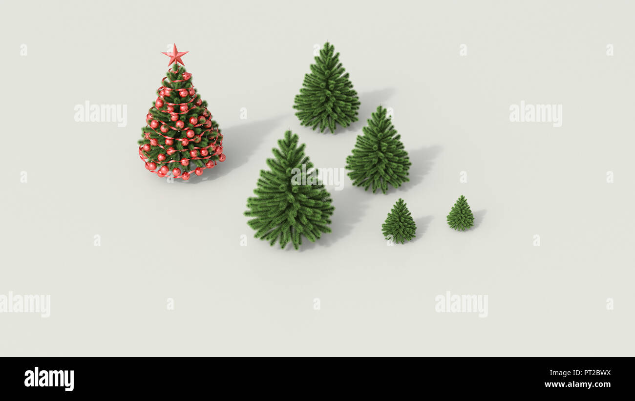 3D Rendering, Grupo de abetos fondo blanco sobre fondo, admirando el árbol de Navidad Foto de stock