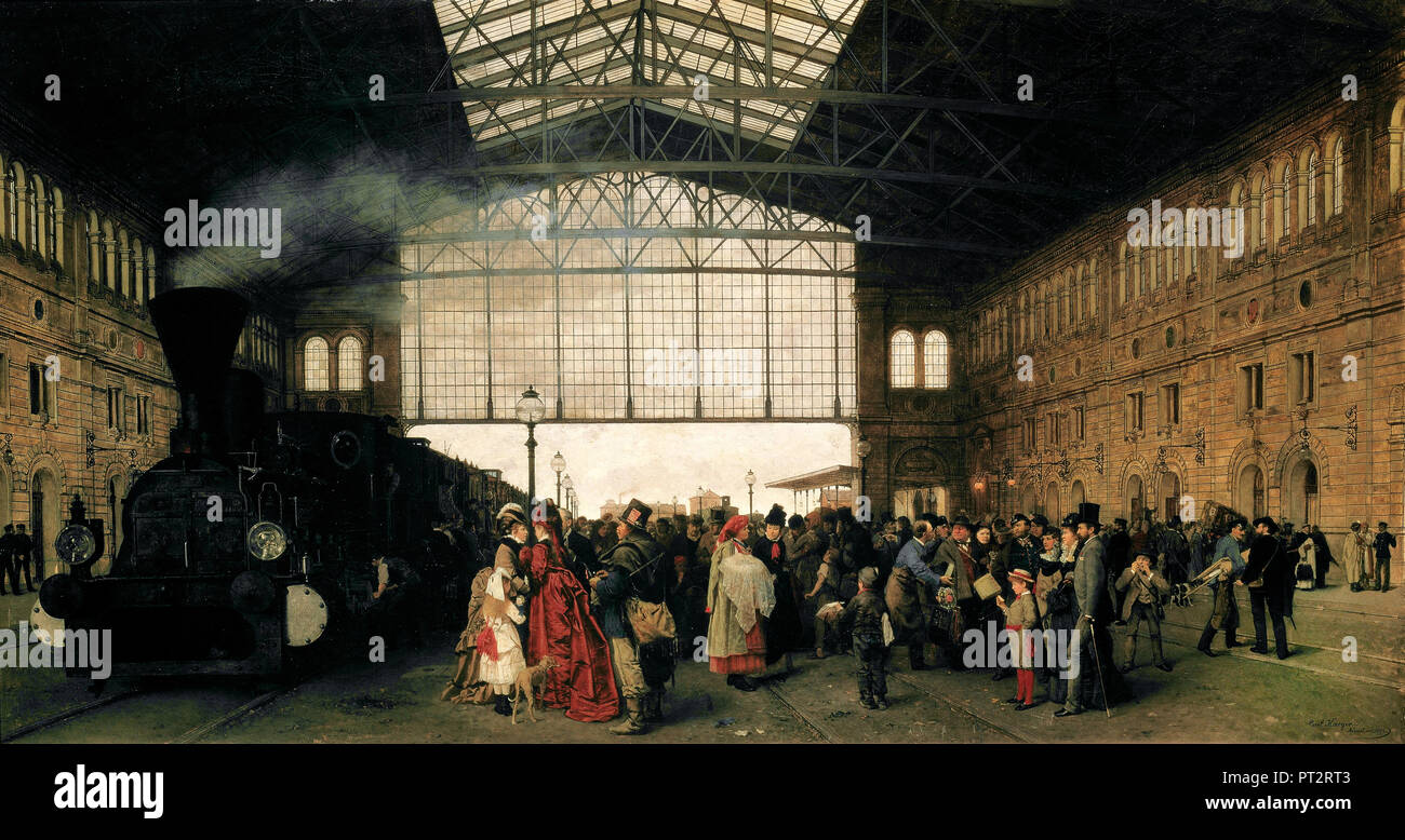 Karl Karger, llegada de un tren en Viena Northwest-Station 1875 Óleo sobre lienzo, Palacio Belvedere, Viena, Austria. Foto de stock