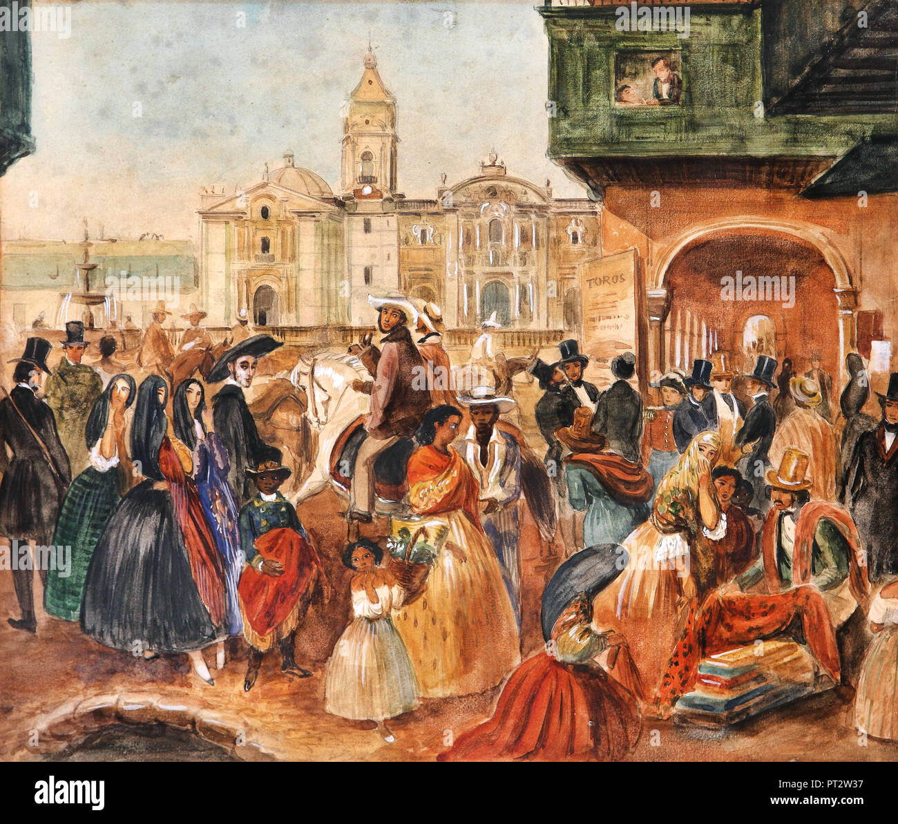 Johann Moritz Rugendas, el estudio de la Plaza Principal de Lima, circa 1843, Gouache sobre Papel, Museo de Arte de Lima (MALI), Lima, Perú. Foto de stock