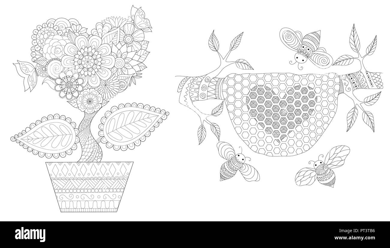 Conjunto de colmenas de abejas y flores en forma de corazón para invitaciones de boda, tarjetas de San Valentín y adulto página libro de colorear para anti estrés. Ilustración vectorial Ilustración del Vector