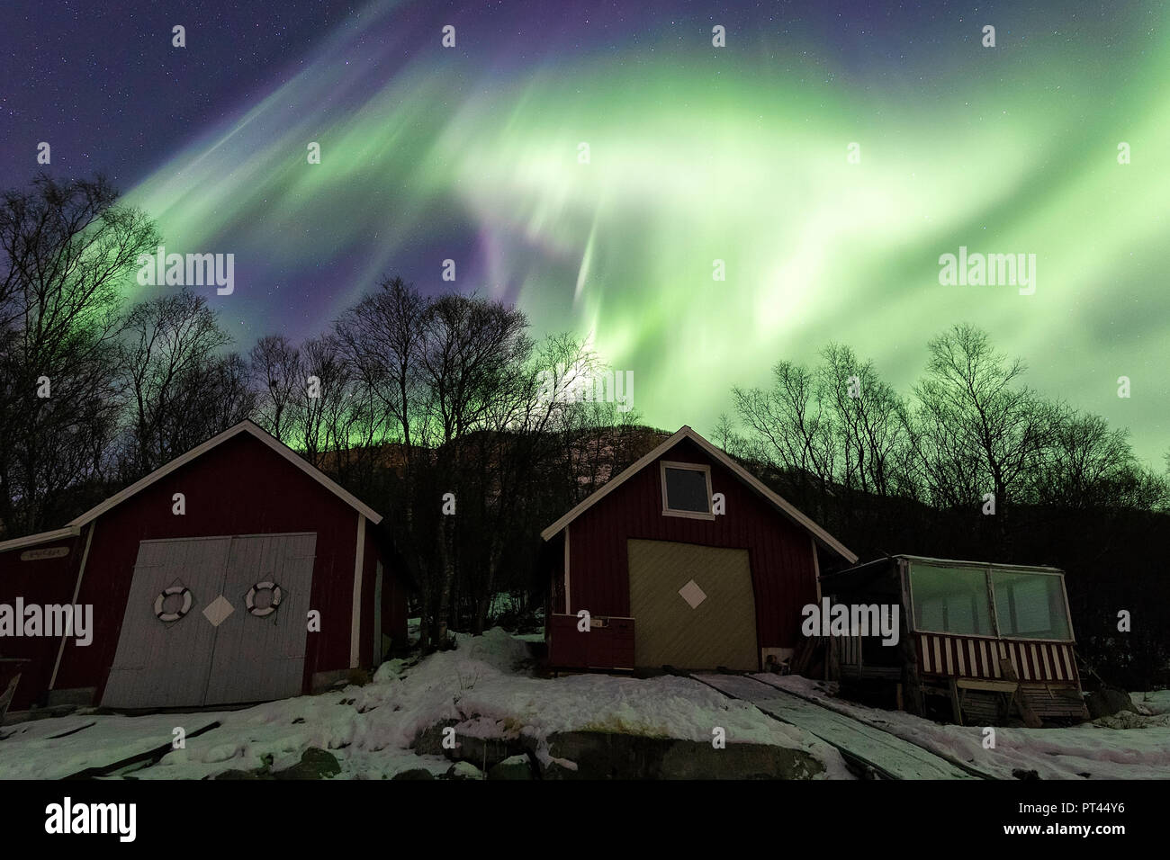 Las luces del norte sobre los típicos, Tovik Skanland Rorbu, municipio, condado de Troms, Islas Lofoten, Noruega Foto de stock