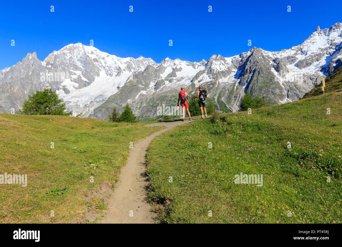 Trail corredores disfrutar del Mont Blanc panorama, Bertone Hut, Ferret Valley, el Valle de Aosta, Courmayeur, Italia, Europa Foto de stock
