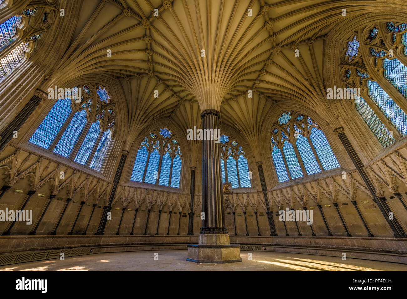 El precioso techo abovedado de estilo gótico de la Sala Capitular de la Catedral de Wells, Somerset. Foto de stock