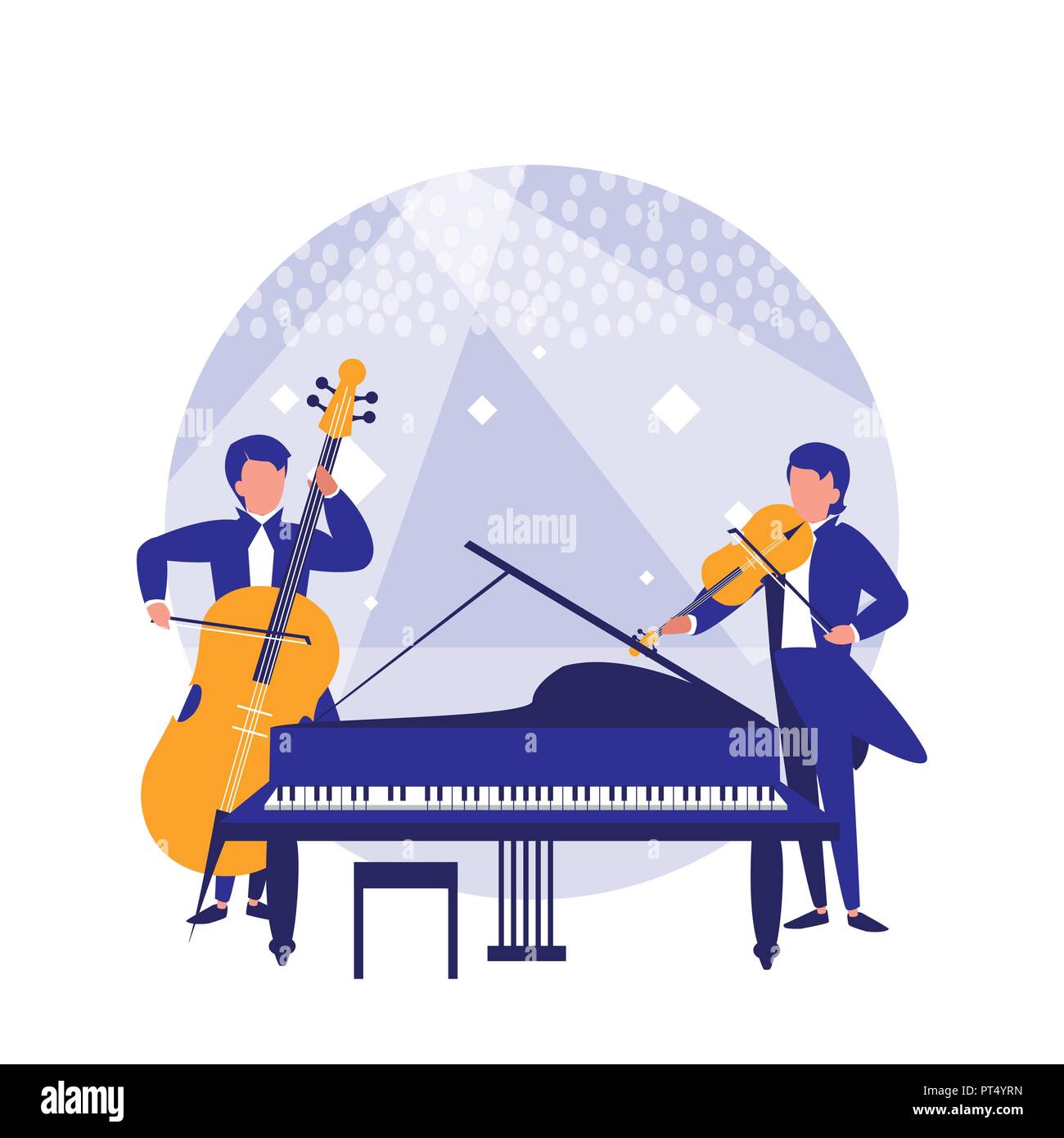 Orquesta sinfónica de diseño con músicos y grand piano sobre fondo blanco,  ilustración vectorial diseño colorista Imagen Vector de stock - Alamy
