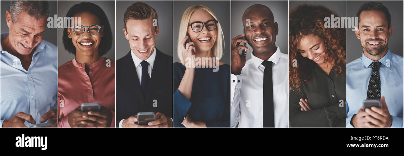 Collage de un grupo diverso de empresarios sonriendo mientras envía mensajes de texto o hablando en sus teléfonos celulares Foto de stock