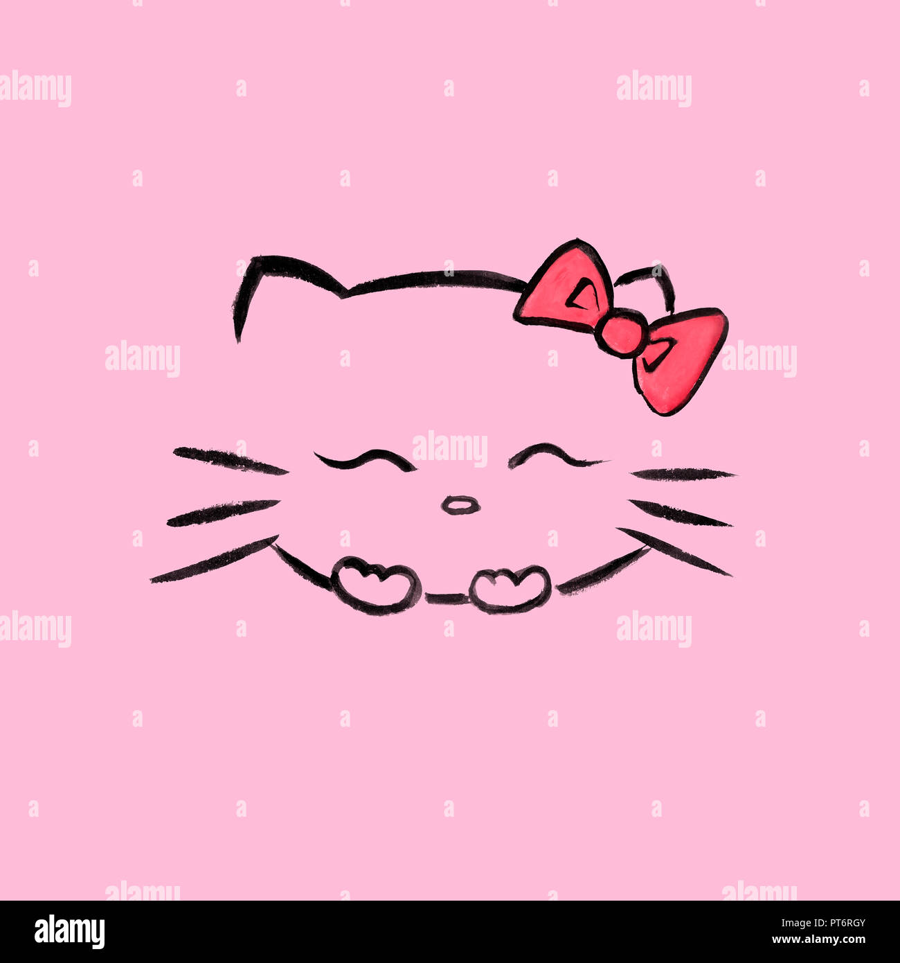 Lindo, Hello Kitty sonriente con un lazo rojo, personaje de dibujos animados japoneses kawaii inspirado sumi-e ilustración. Aislado sobre fondo de color rosa. Foto de stock