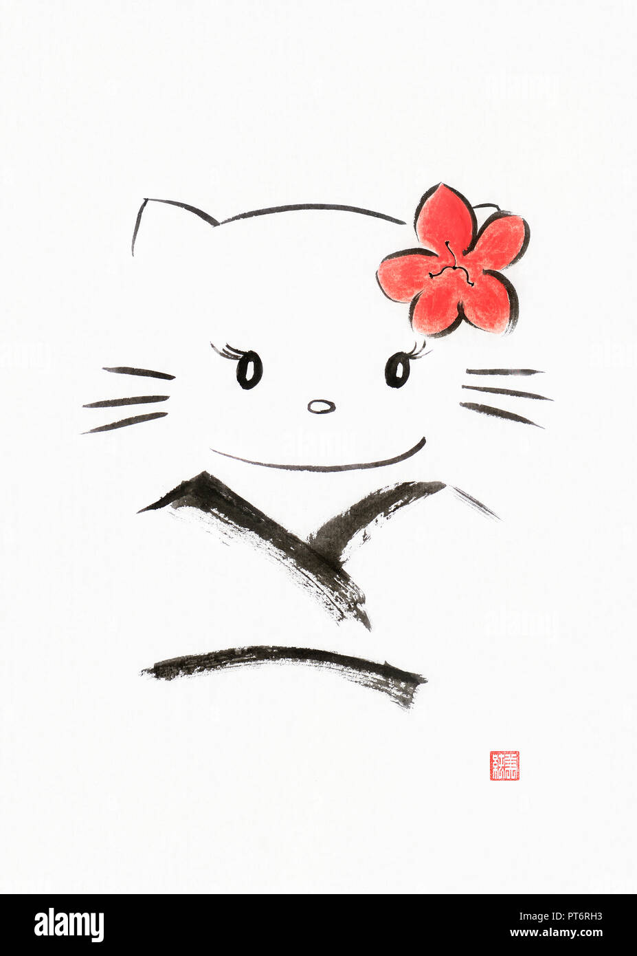 Cute, Kawaii hello kitty cat personaje, vestido con un kimono y un rojo sakura flor. Artística ilustración de estilo oriental, el zen japonés Sumi-e ink painti Foto de stock