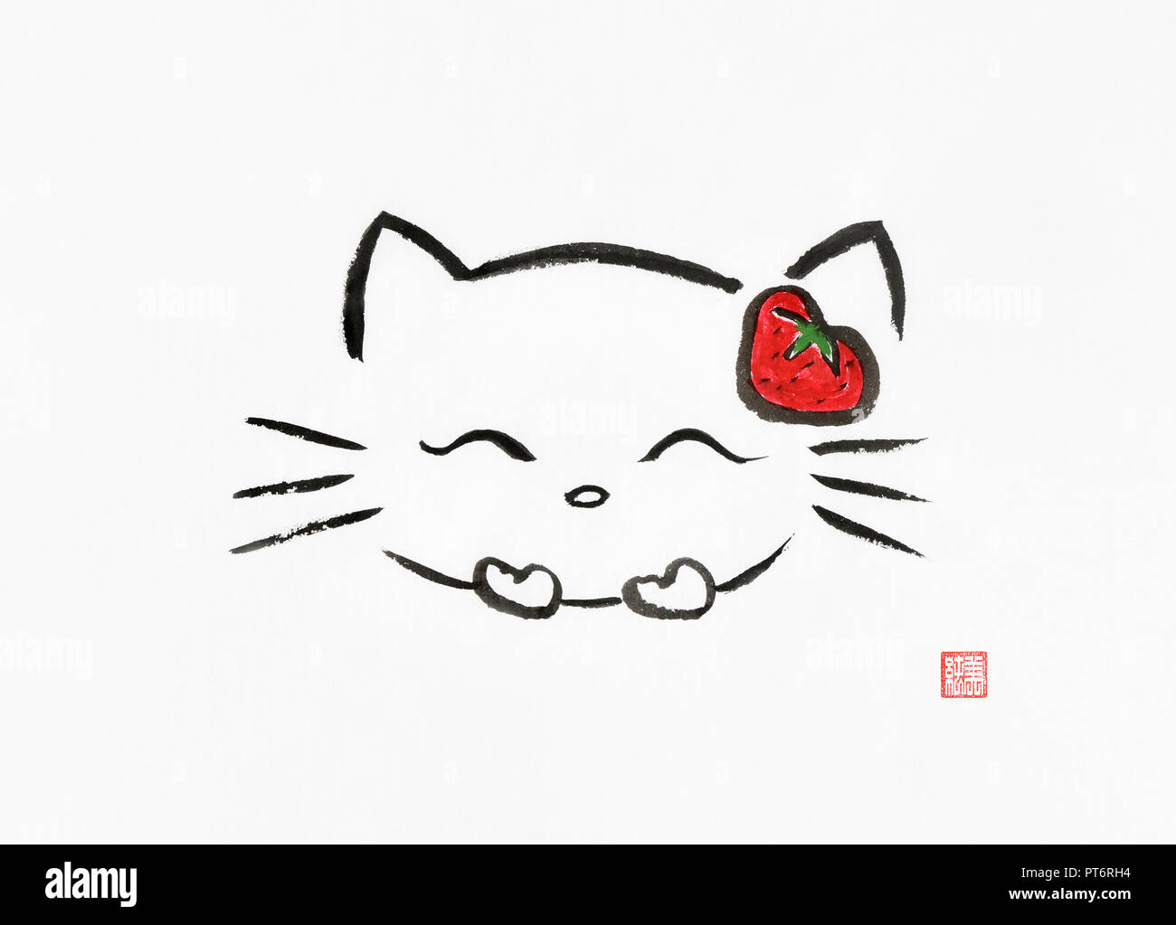 Hello Kitty cuchicheando kawaii Cute dibujos animados usando una fresa roja. Artística ilustración de estilo oriental, el zen japonés Sumi-e pintura en tinta Foto de stock