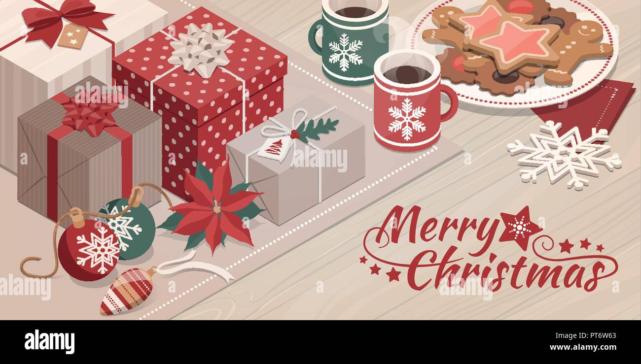 Regalos, dulces y coloridos adornos navideños en una tabla: Tarjeta de navidad con deseos Ilustración del Vector