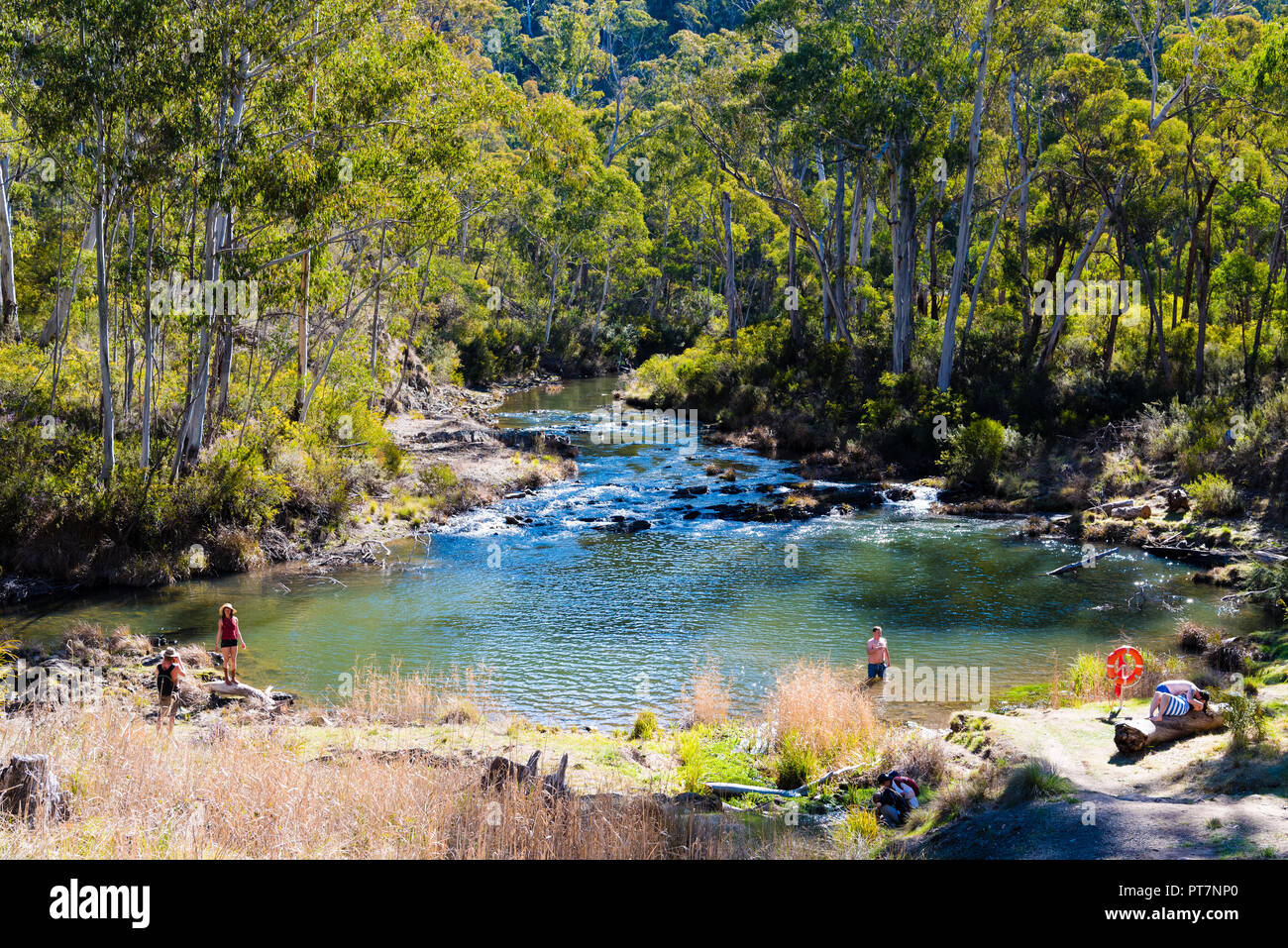 Parque Nacional Kosciuszko, NSW, Australia - 30 de septiembre de 2018 : Río en Yarrangobilly Caves' piscina termal está alimentado por un manantial natural en Yarrangobilly Foto de stock