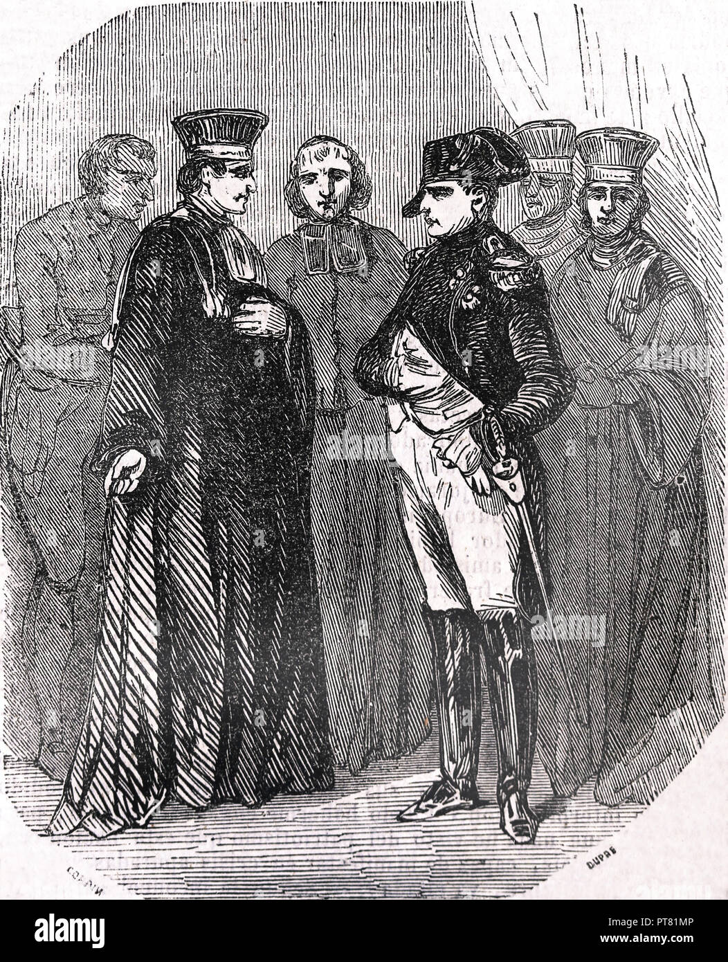 Primer Imperio Francés. Napoleón I recibiendo el clero y las autoridades de Grenoble. Grabado del siglo XIX. Foto de stock