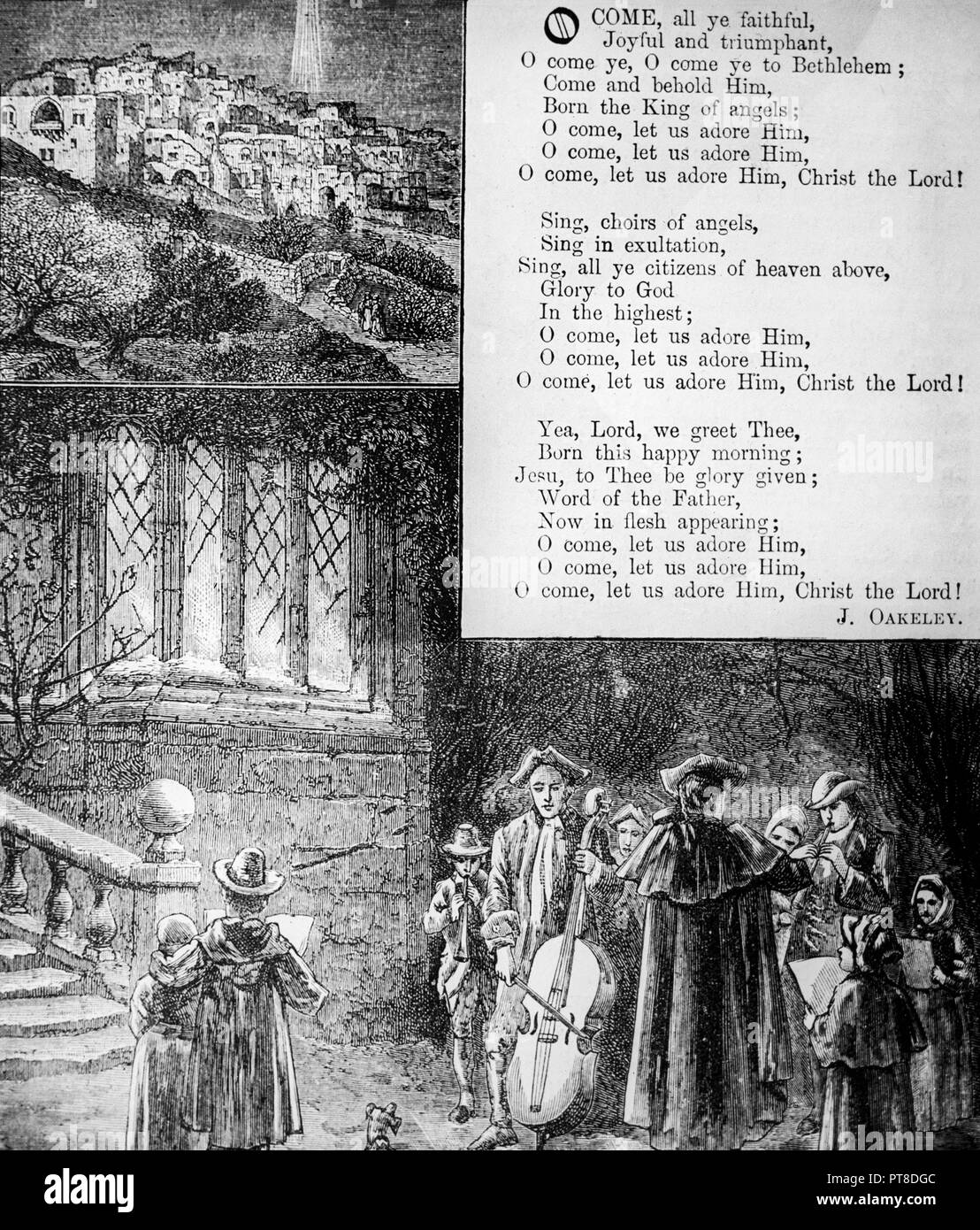 Las palabras para el villancico 'Oh Come All Ye Faithful" por Frederick Oakeley, con ilustraciones. Foto de stock