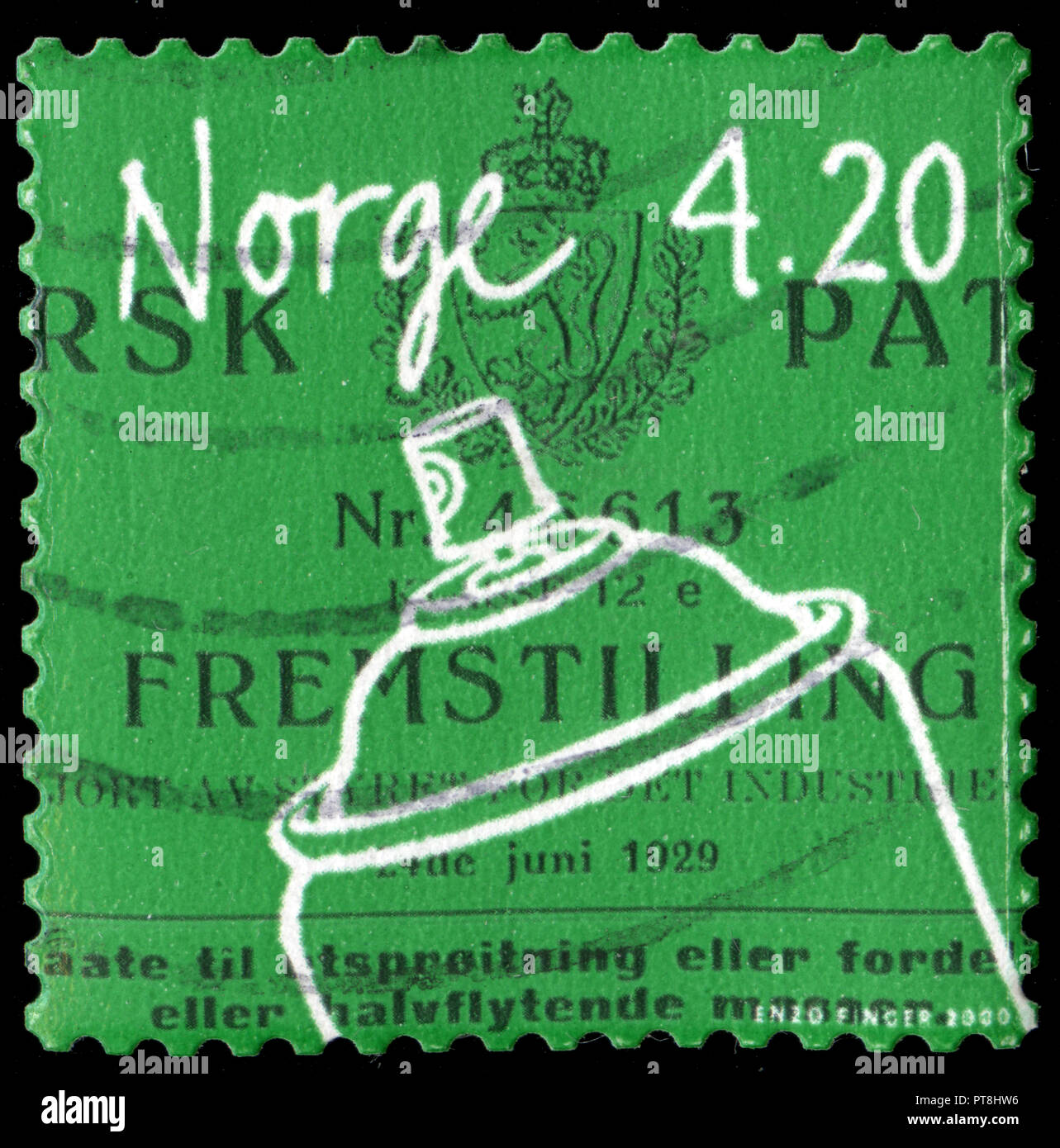 Sello postal de Noruega en la serie inventos de Noruega publicado en 1999 Foto de stock