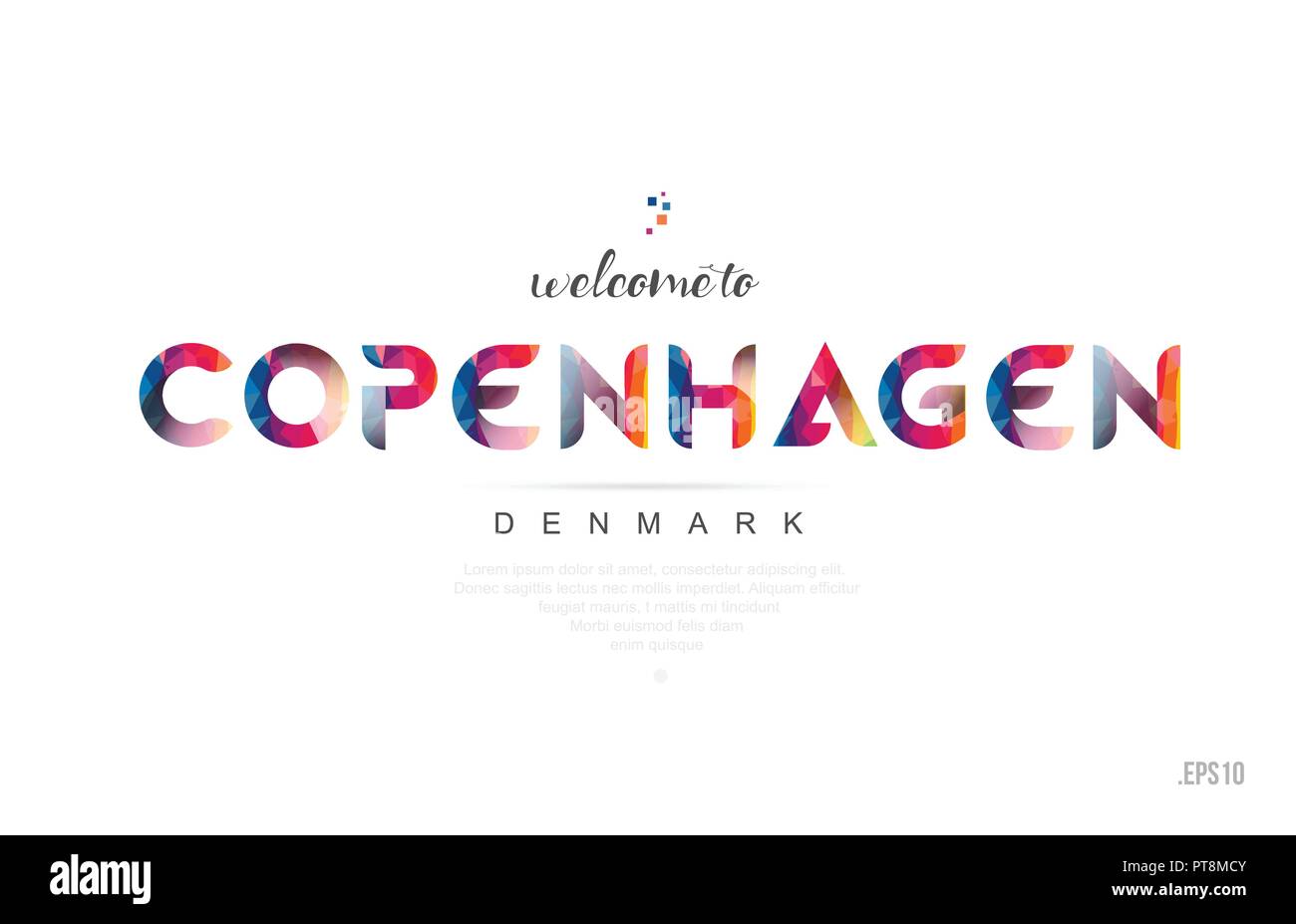 Bienvenido a Copenhague Dinamarca tarjeta y carta de colores del arco iris en el colorido diseño tipográfico y el diseño de iconos Ilustración del Vector
