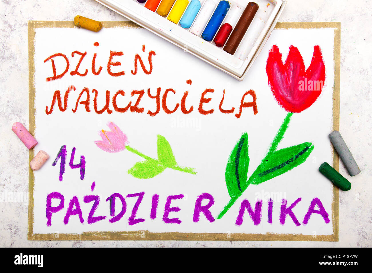 Coloridos Dibujos A Mano Tarjeta Para El Dia Del Maestro Polaco Con Las Palabras Dia Del Maestro 14 De Octubre Fotografia De Stock Alamy