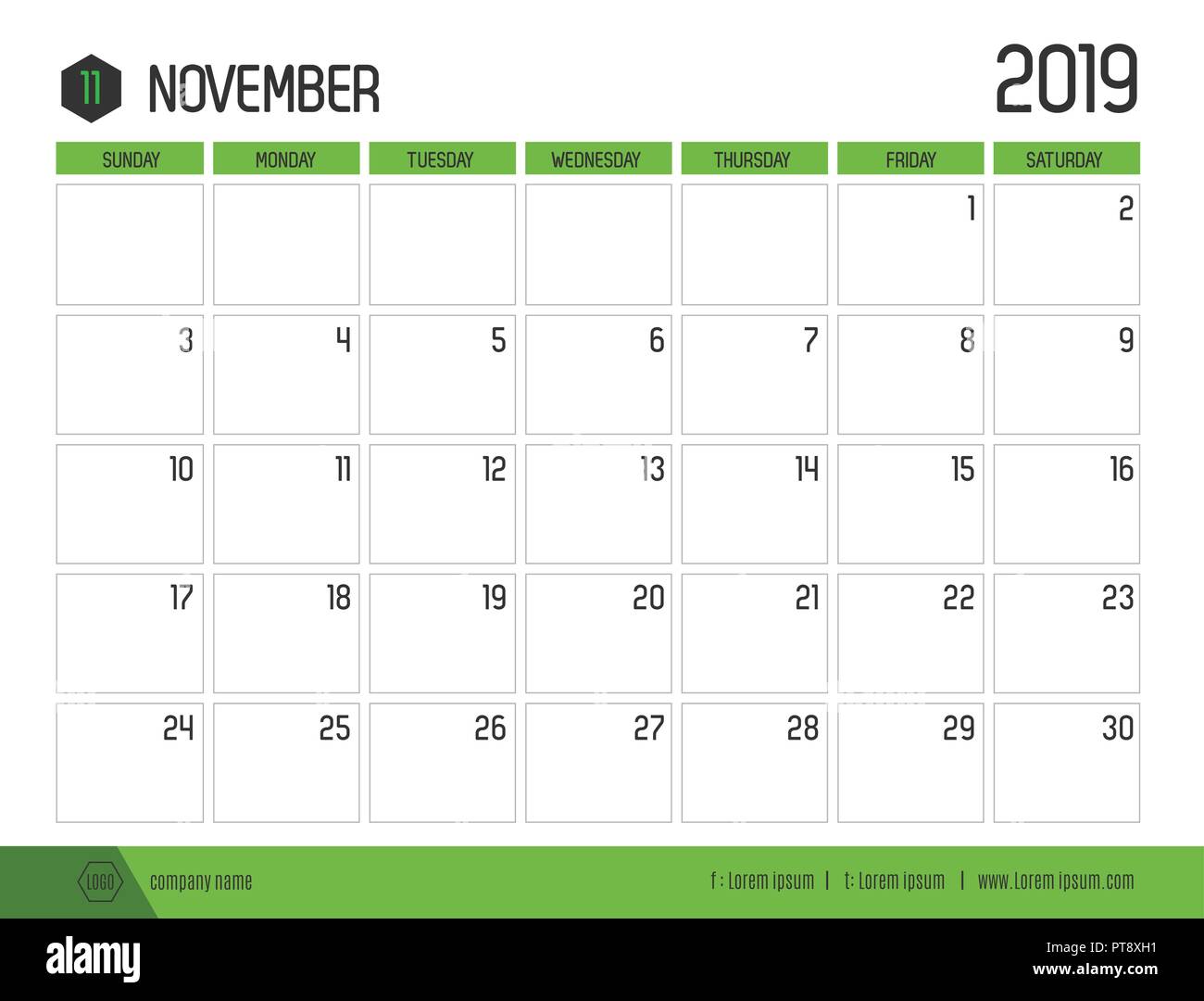 Vector de verde moderno Calendario 2019 ( Noviembre ) en simple limpiar