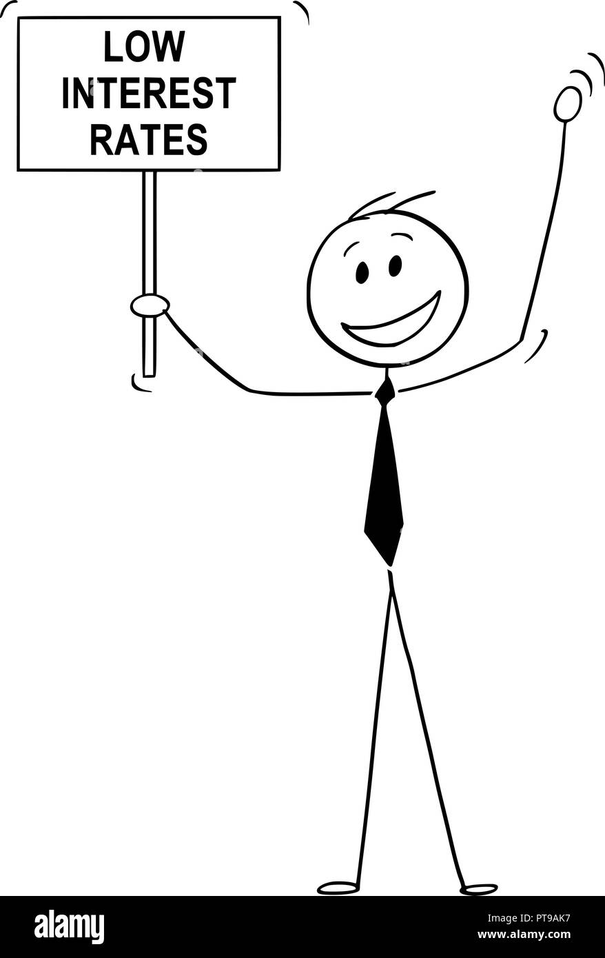 Caricatura de hombre feliz, banquero o empresario celebrando las bajas tasas de interés Ilustración del Vector