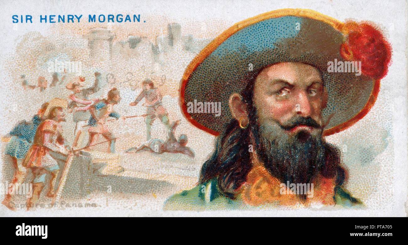 Tarjeta de cigarrillos de Sir Henry Morgan, captura de Panamá , pub. 1888 (litografía de color). Creador: American School (siglo xix). Foto de stock