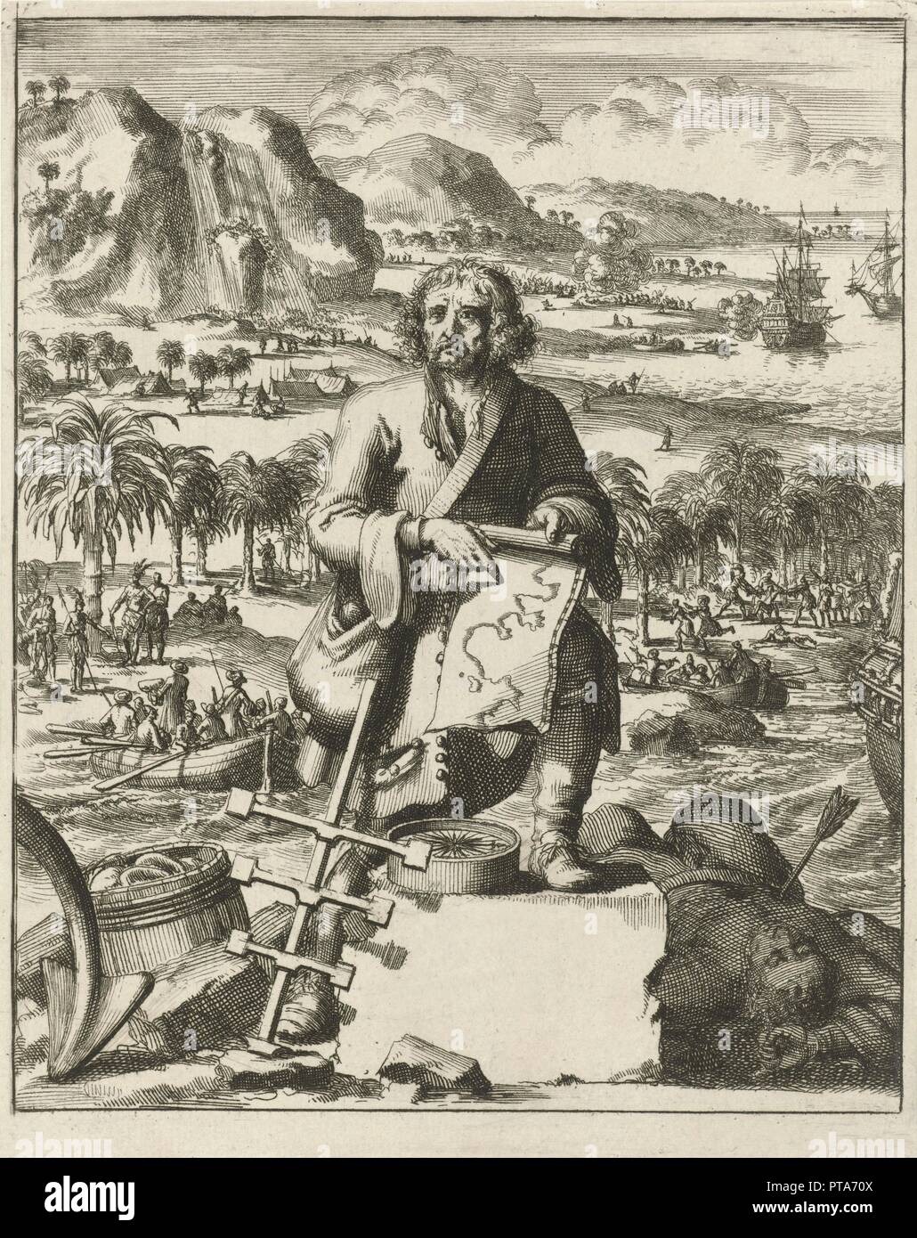 Louis Hennepin aterrizar en América del Norte, pub. 1688 (grabado). Creador: Escuela Holandesa (siglo xix). Foto de stock