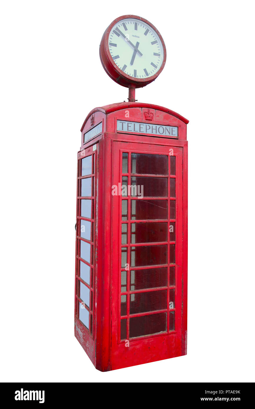 Cabina de teléfono inglesa rojo sobre blanco aislado Foto de stock