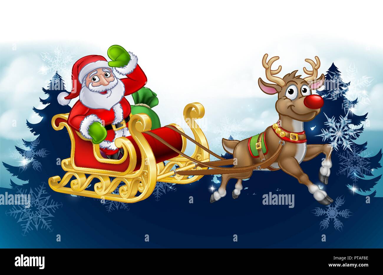 Trineo de Santa Renos de Navidad Fondo de dibujos animados Imagen Vector de  stock - Alamy