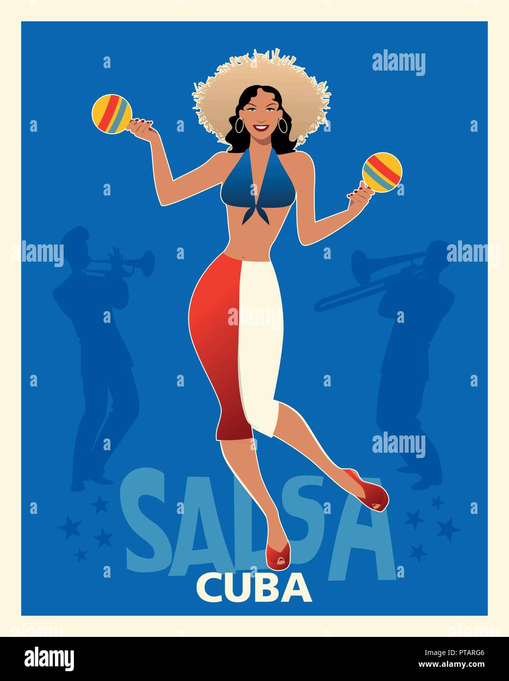 Hermosa chica bailando salsa con las maracas. Estilo retro póster de Cuba. Trompetista y trombonista en el fondo. Ilustración del Vector