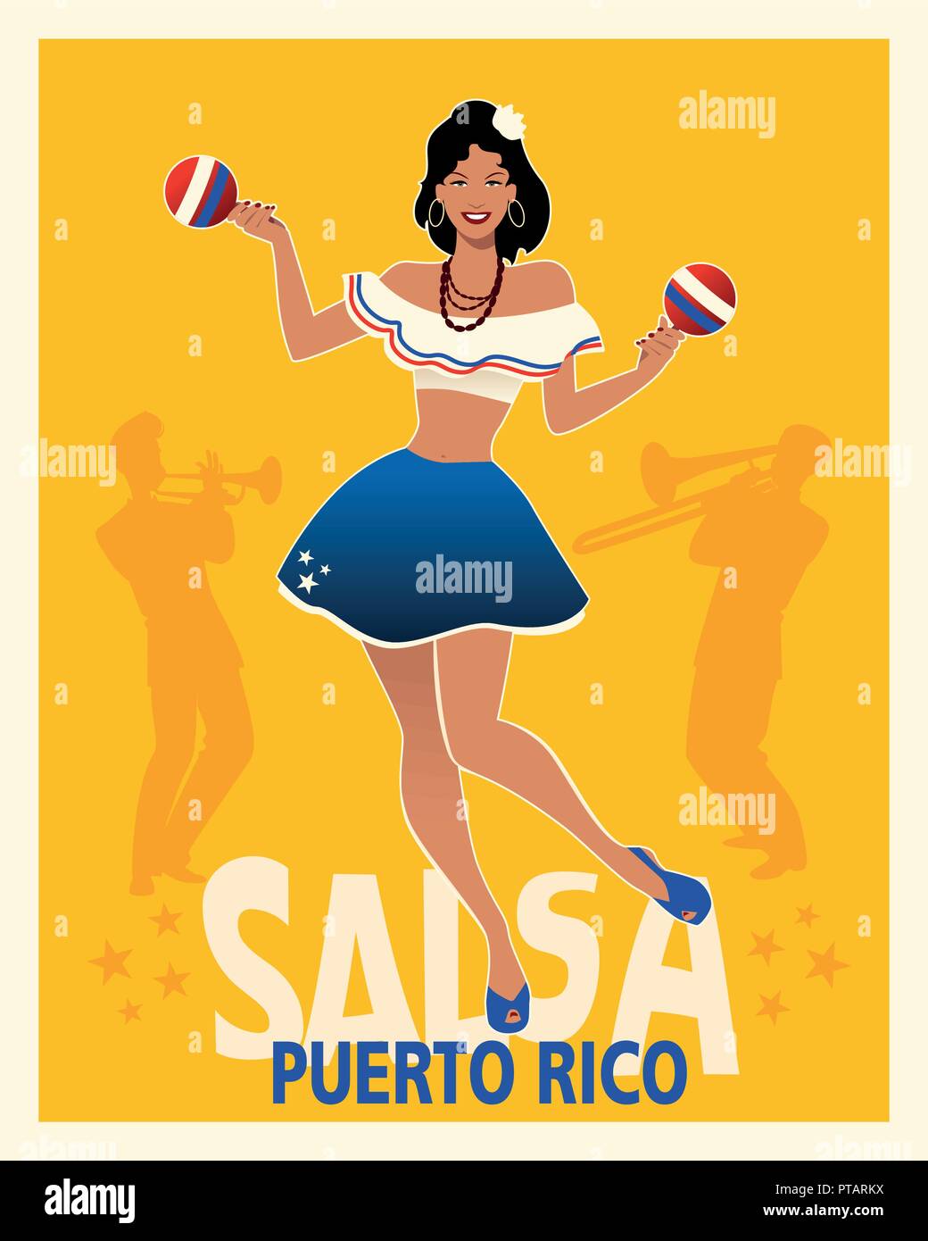 Hermosa chica bailando salsa con las maracas. Estilo retro póster de Puerto  Rico. Trompetista y trombonista en el fondo Imagen Vector de stock - Alamy