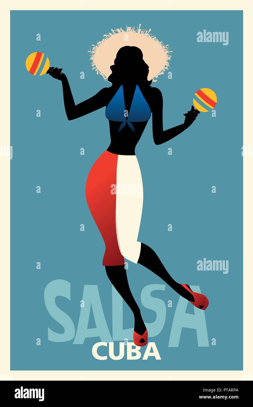 Silueta de chica bailando salsa con las maracas. Estilo retro póster de Cuba. Ilustración del Vector