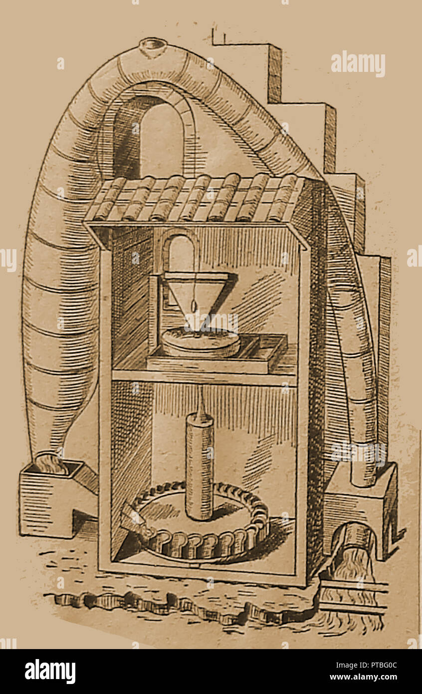 Inventos - Un diseño inicial para una máquina de movimiento perpetuo con una rueda pelton ( impulso-tipo turbina de agua (1941) dispositivo de la ilustración). Foto de stock